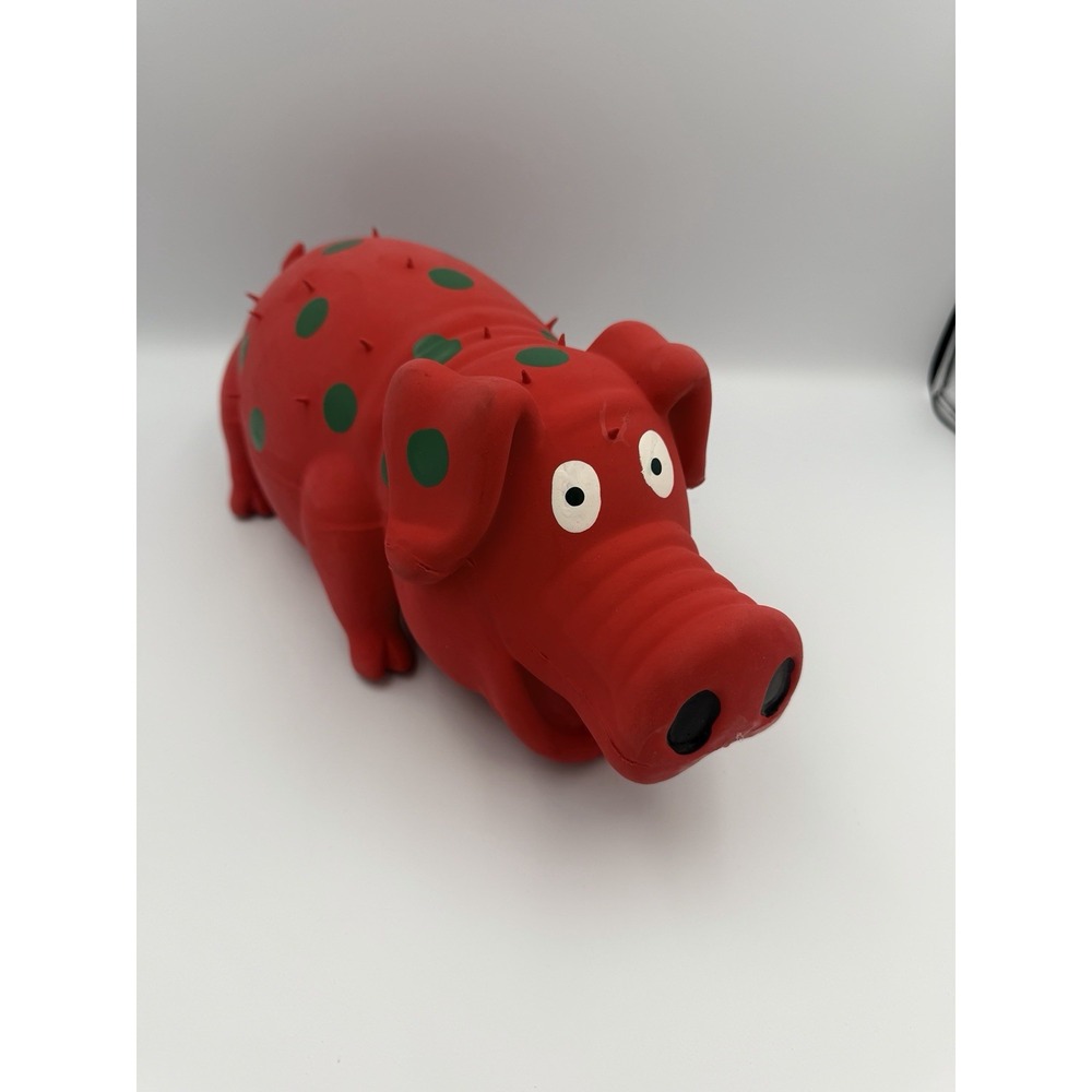 Multipet Latex Goblet Pig 10" Large Red Piggy Dog Toy W/Squeaker Green Dots
